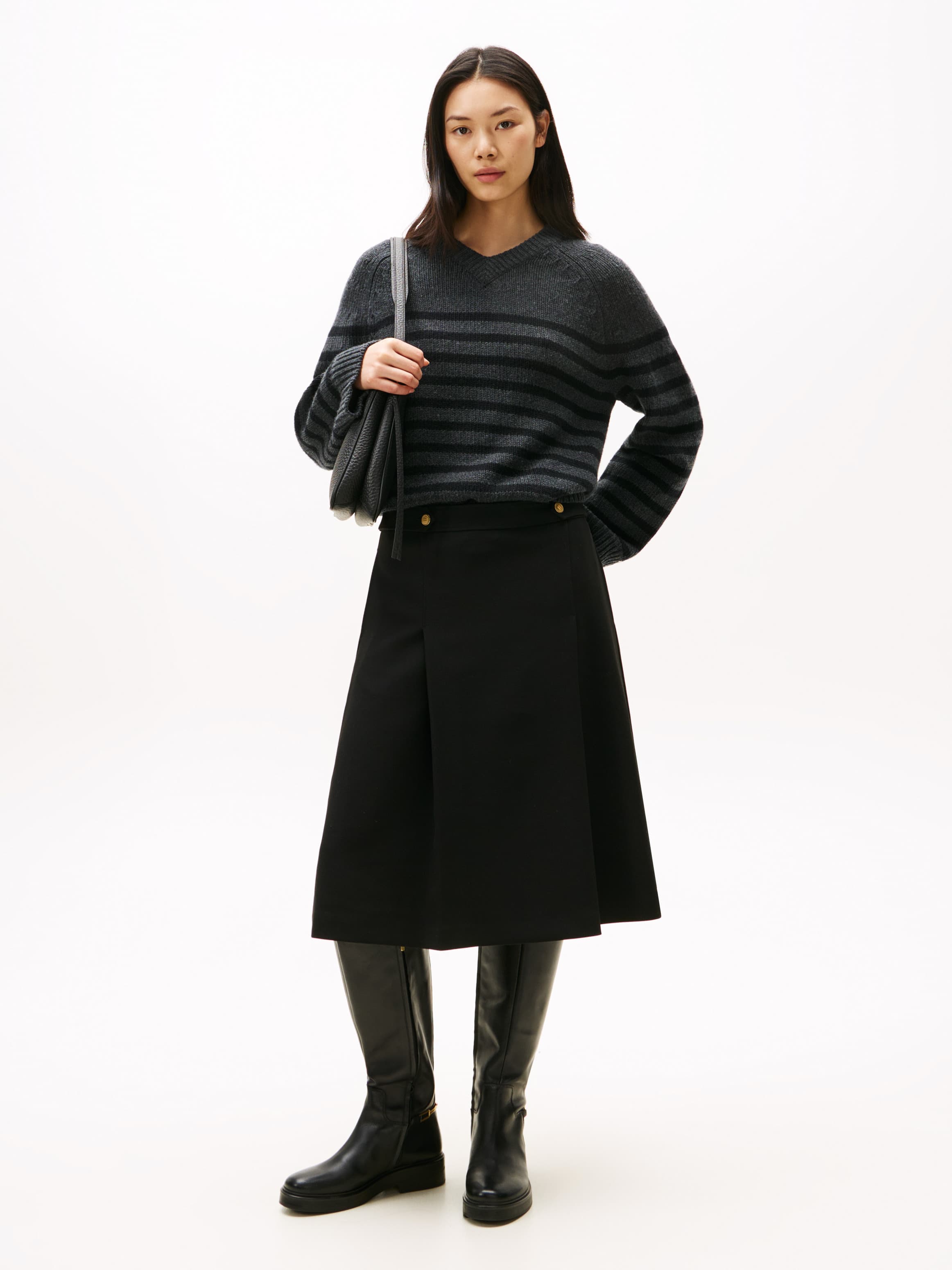 Gold-Tone Button A-Line Midi Skirt