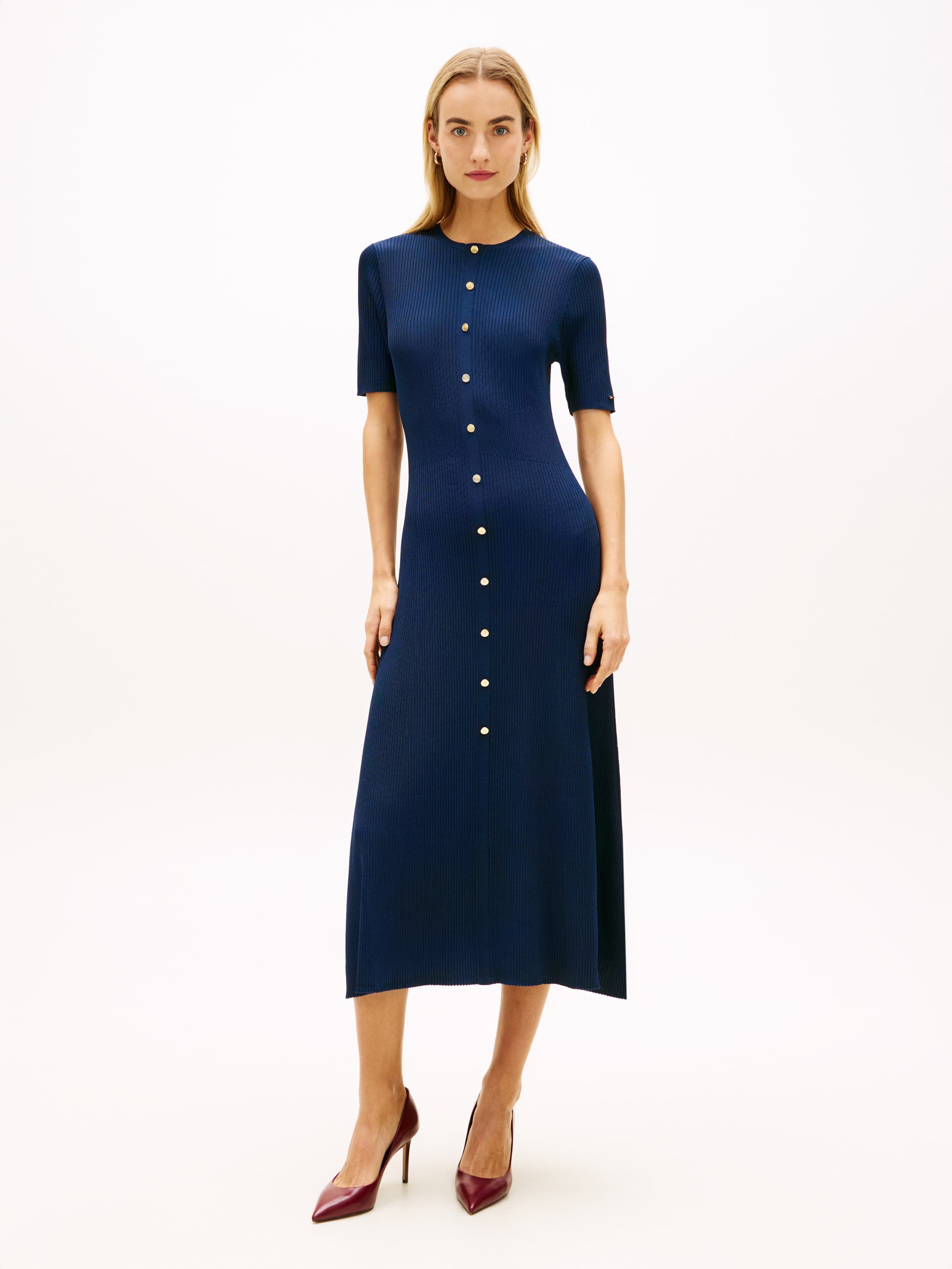 Gold-Tone Button-Through Slim Ribbed Maxi Dress