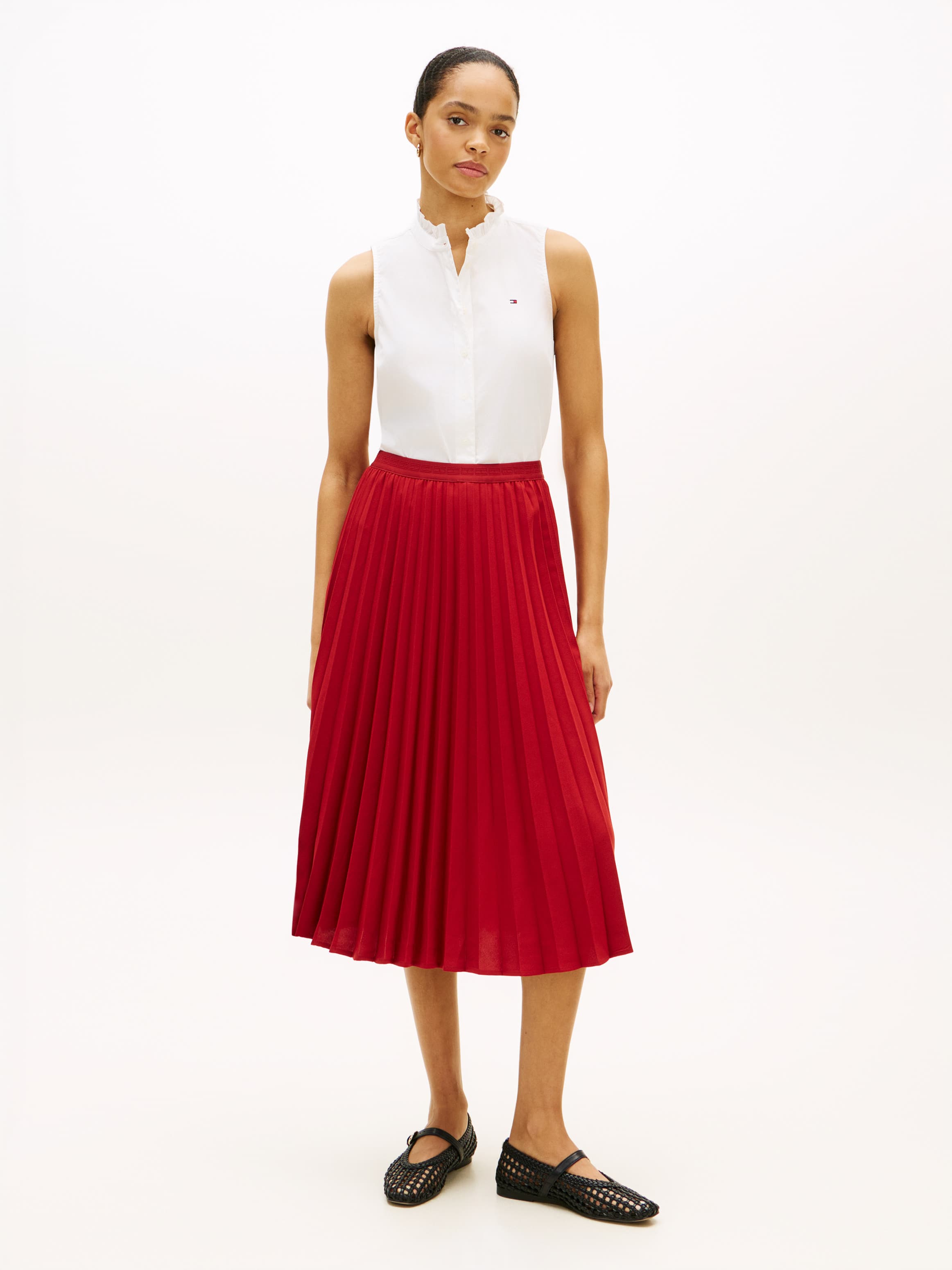 Tonal Flag Waistband Pleated Midi Skirt
