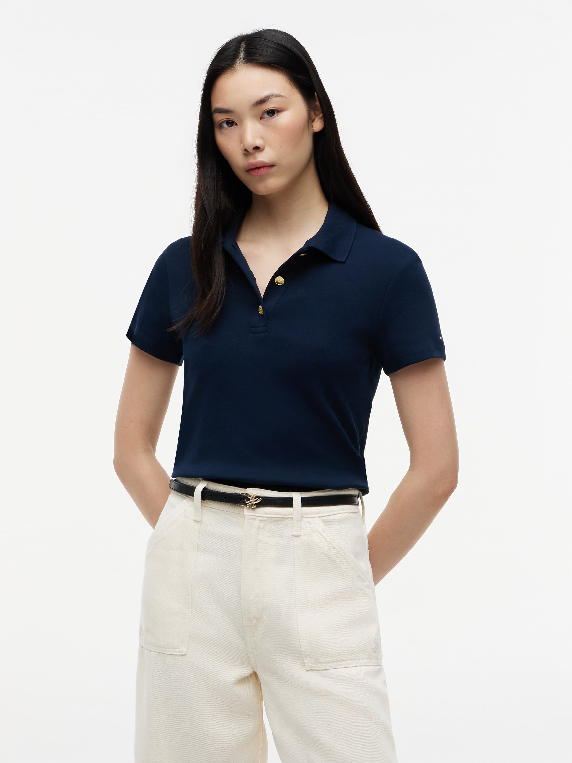 Slim Fit Gold-Tone Button Polo T-Shirt