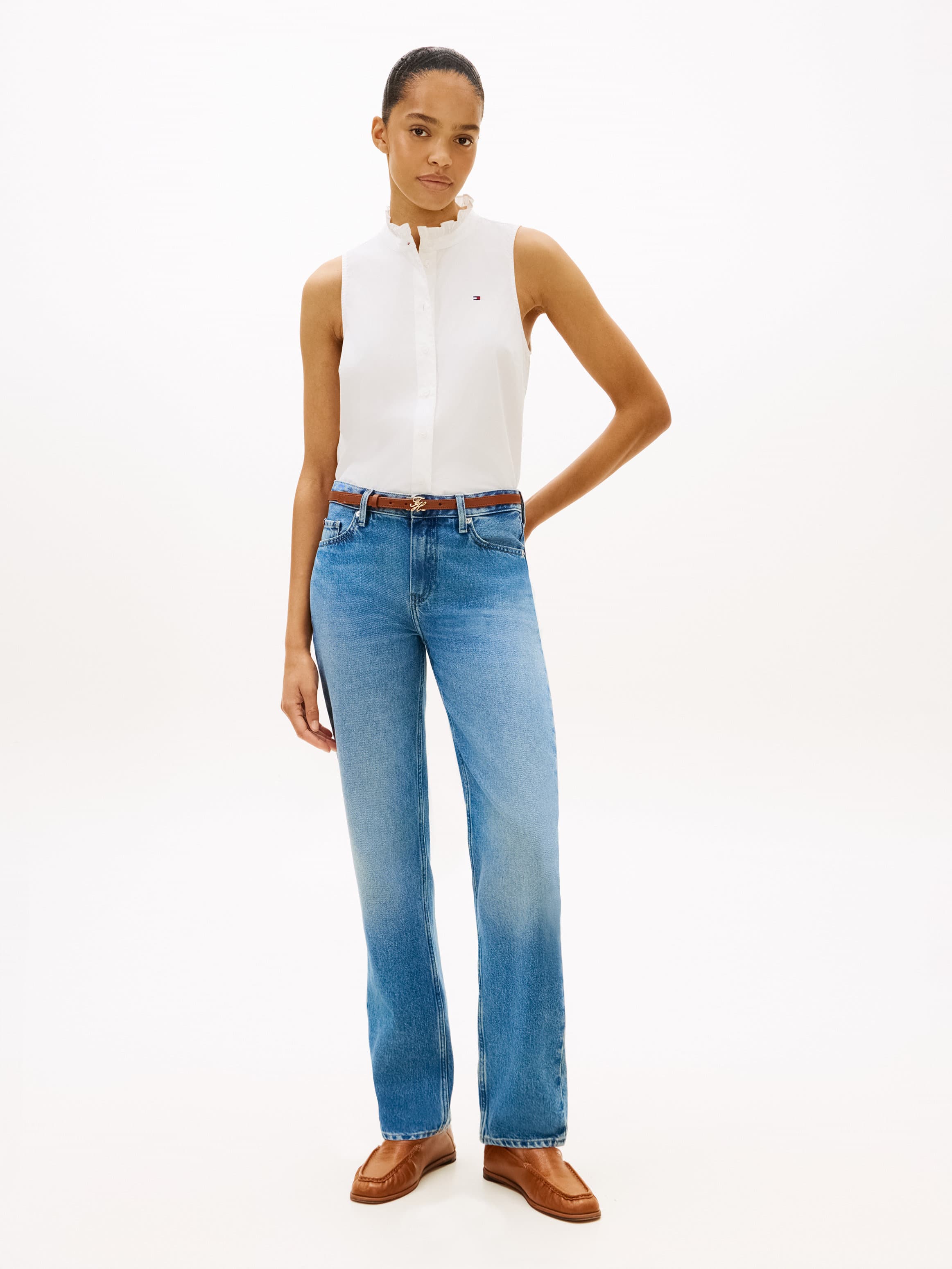 Whiskered Mid Rise Straight Leg Jeans