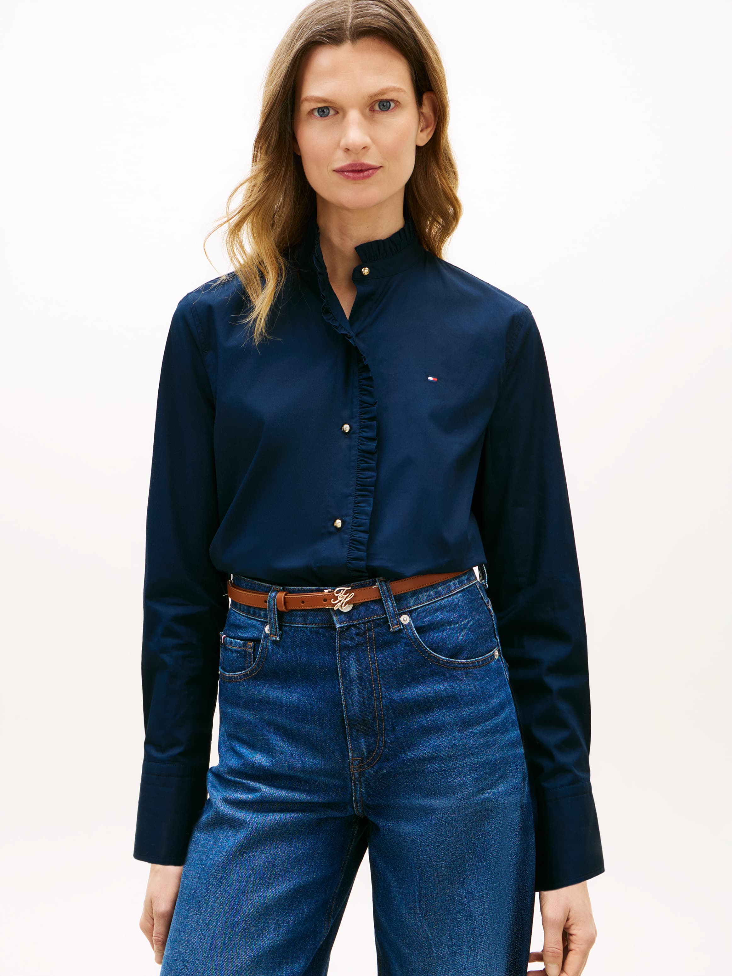 Relaxed Fit Ruffle Trim Poplin Shirt
