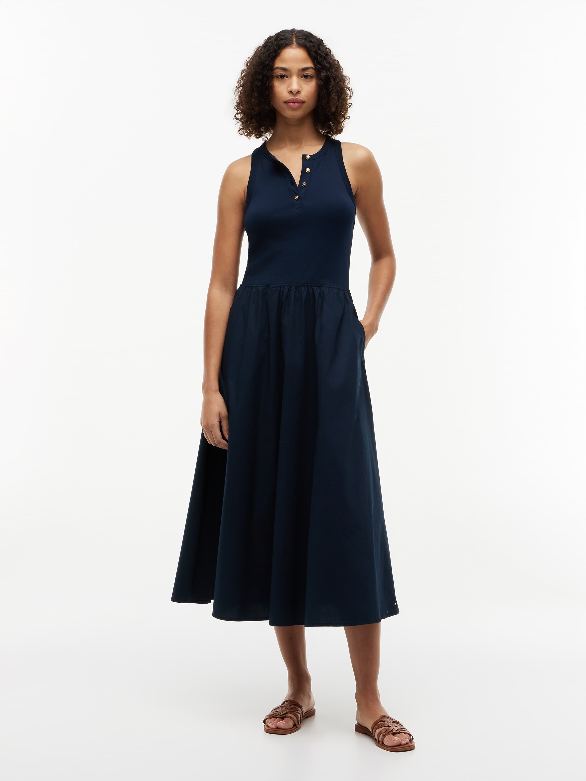 Gold-Tone Button Sleeveless Midi Dress