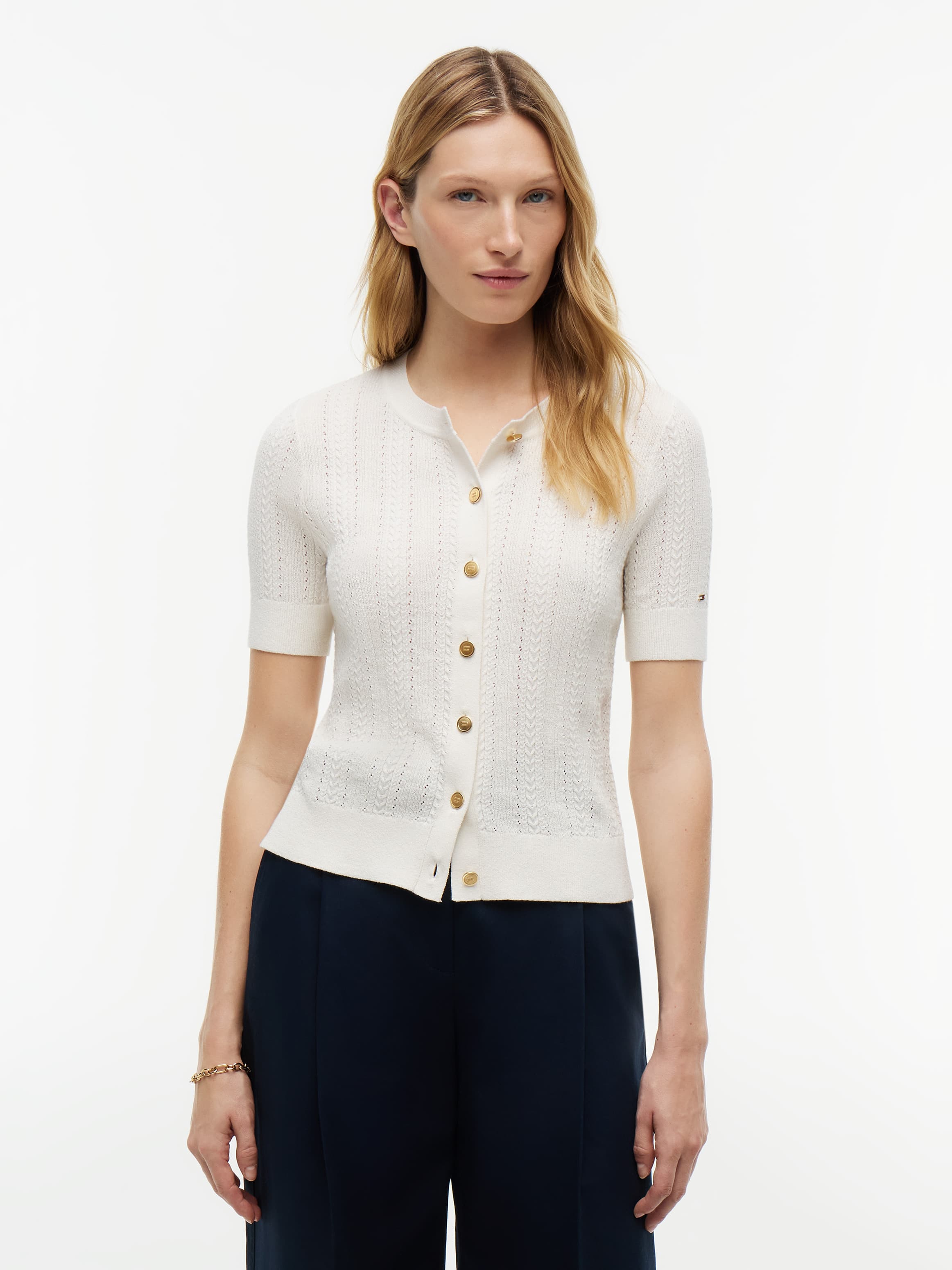Pointelle Gold-Tone Button Short Sleeve Cardigan