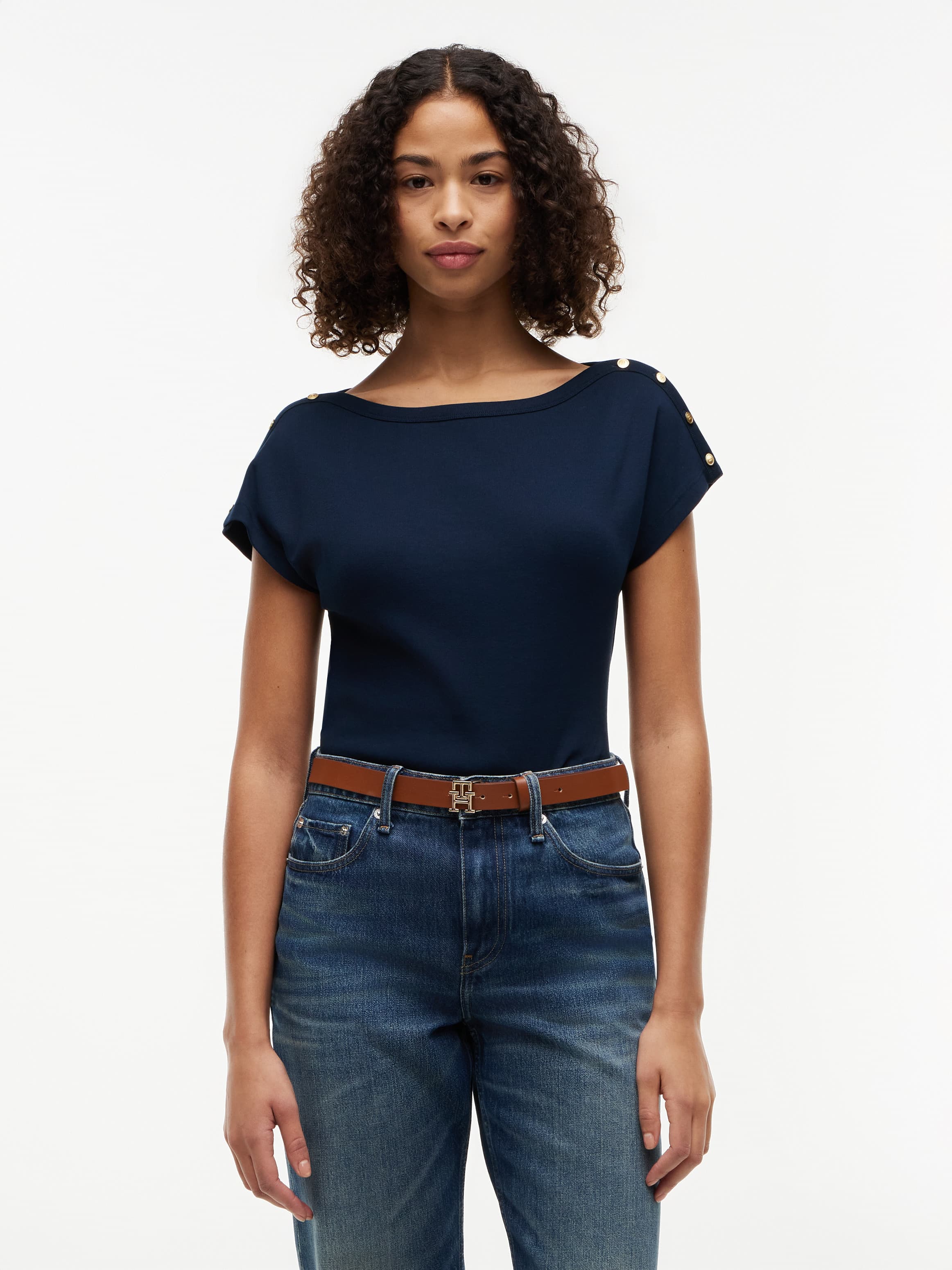 Gold-Tone Button Boat Neck T-Shirt